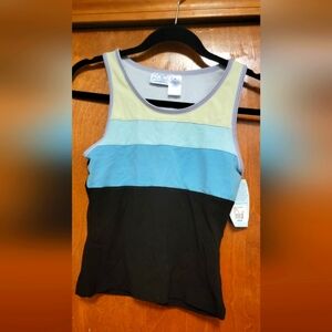 Danskin Freestyle Black/Teal/Yellow Colorblock Workout Top  - Large